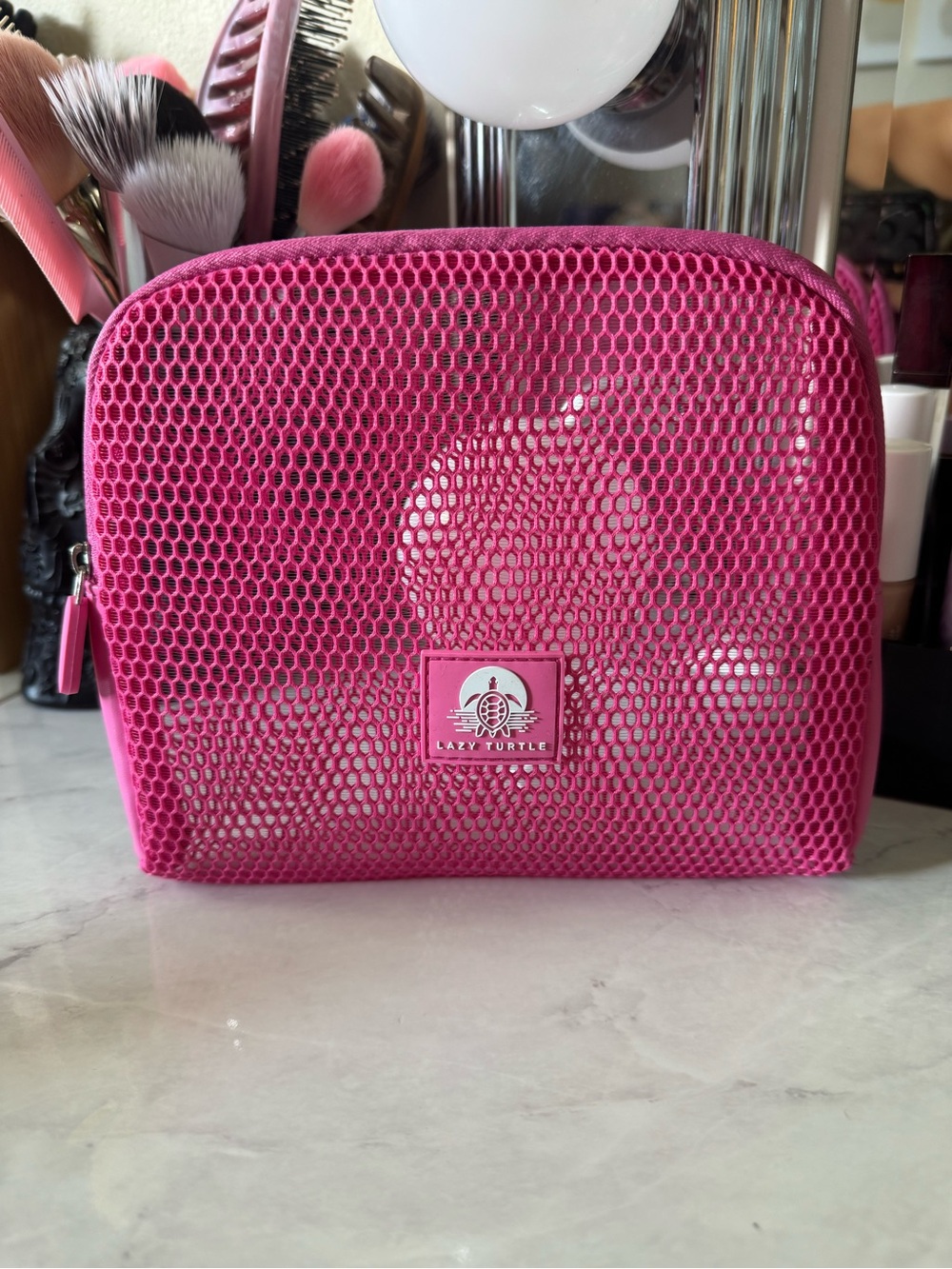 Lazy Turtle Pink Mesh Cosmetic Makeup Travel Organizer Bag Zip Pouch